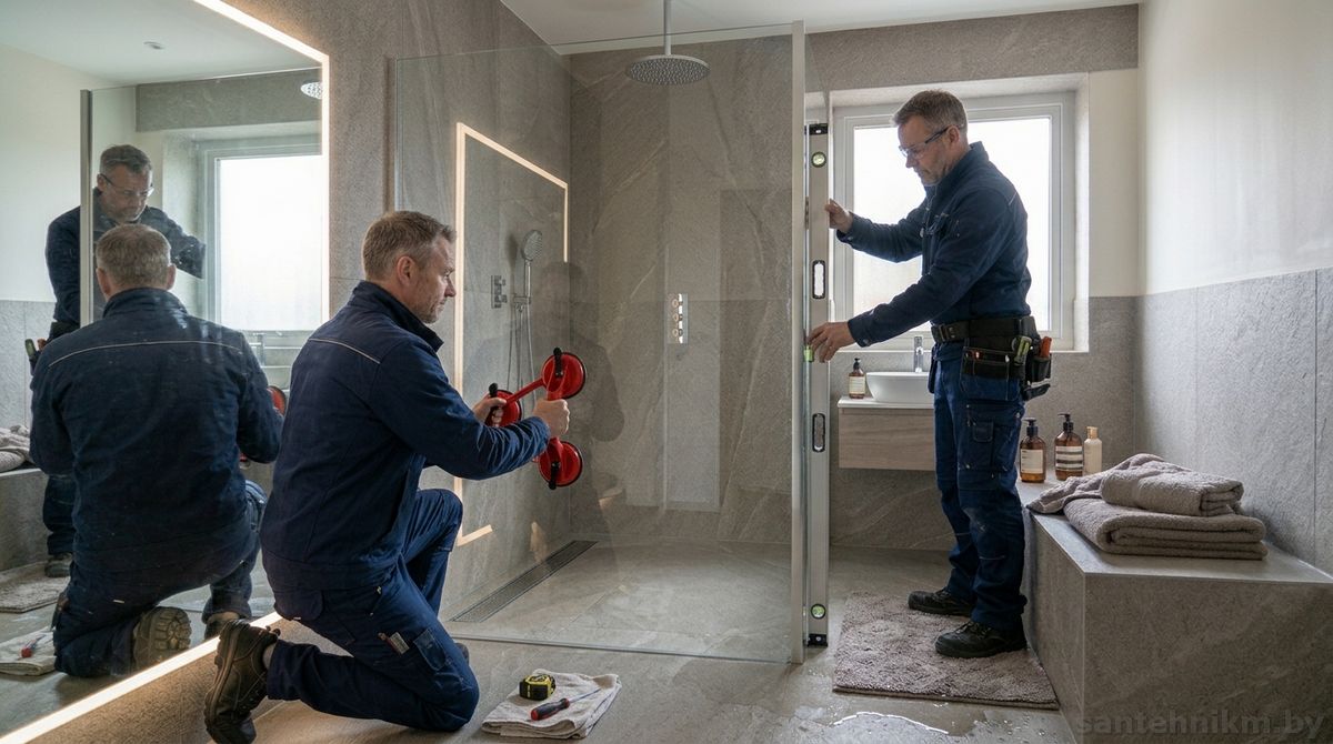 Монтаж стеклянной перегородки душевой Walk-in сантехниками