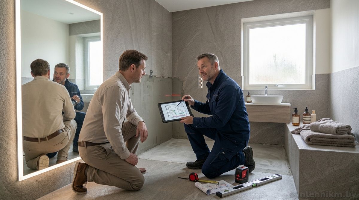 Сантехник рассчитывает расположение трапа и труб для душевой Walk-in