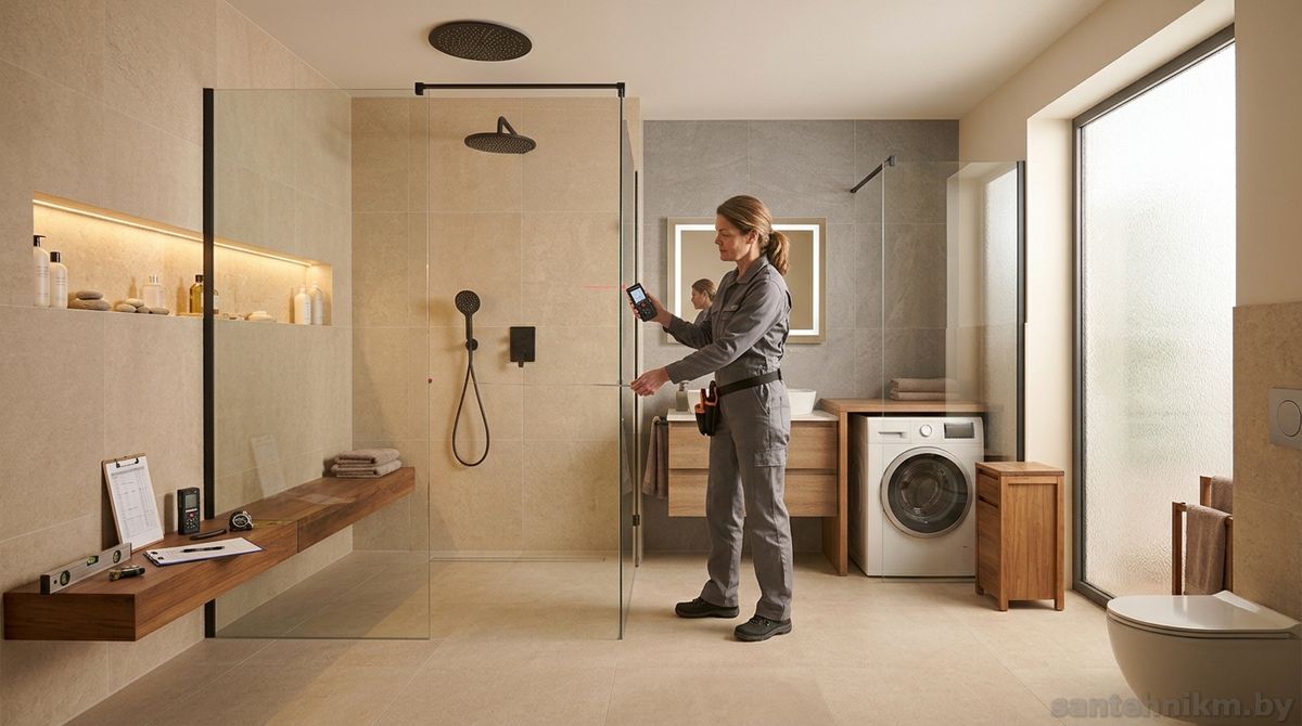 Замер стеклянной перегородки для открытой душевой Walk-in